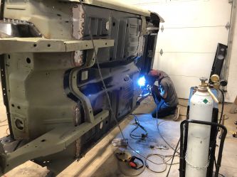 As part of a Mustang restoration we begin welding on repair panels after media blasting.